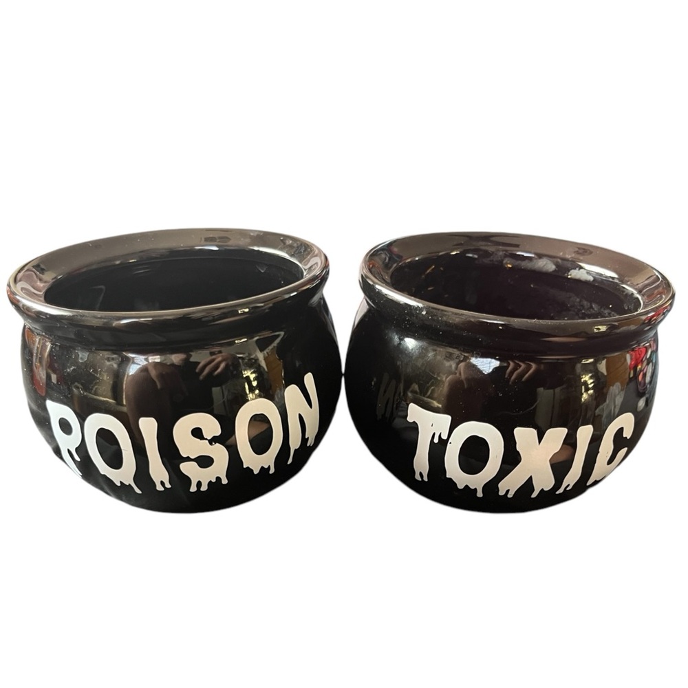 Twin Set of Two Black Cauldrons That Say Toxic and Poison